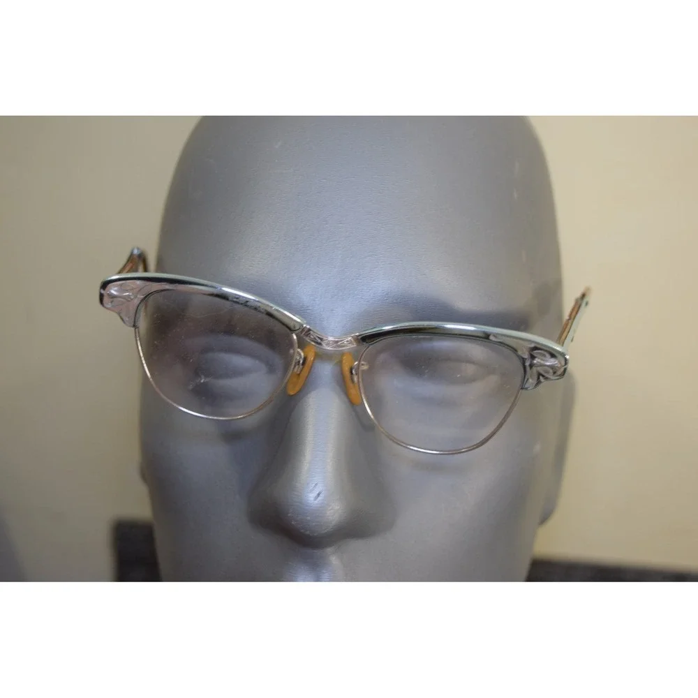 Vintage 1950's RICH LADY Eyeglasses Chrome Silver Etched FLAWS - PARTS OR REPAIR